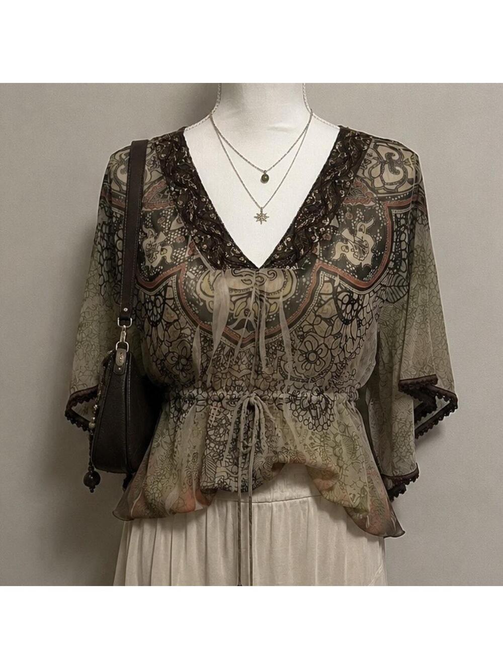 Cato Y2K Boho Sheer Embroidered Paisley Bell Sleeve Tunic Top Size S Green